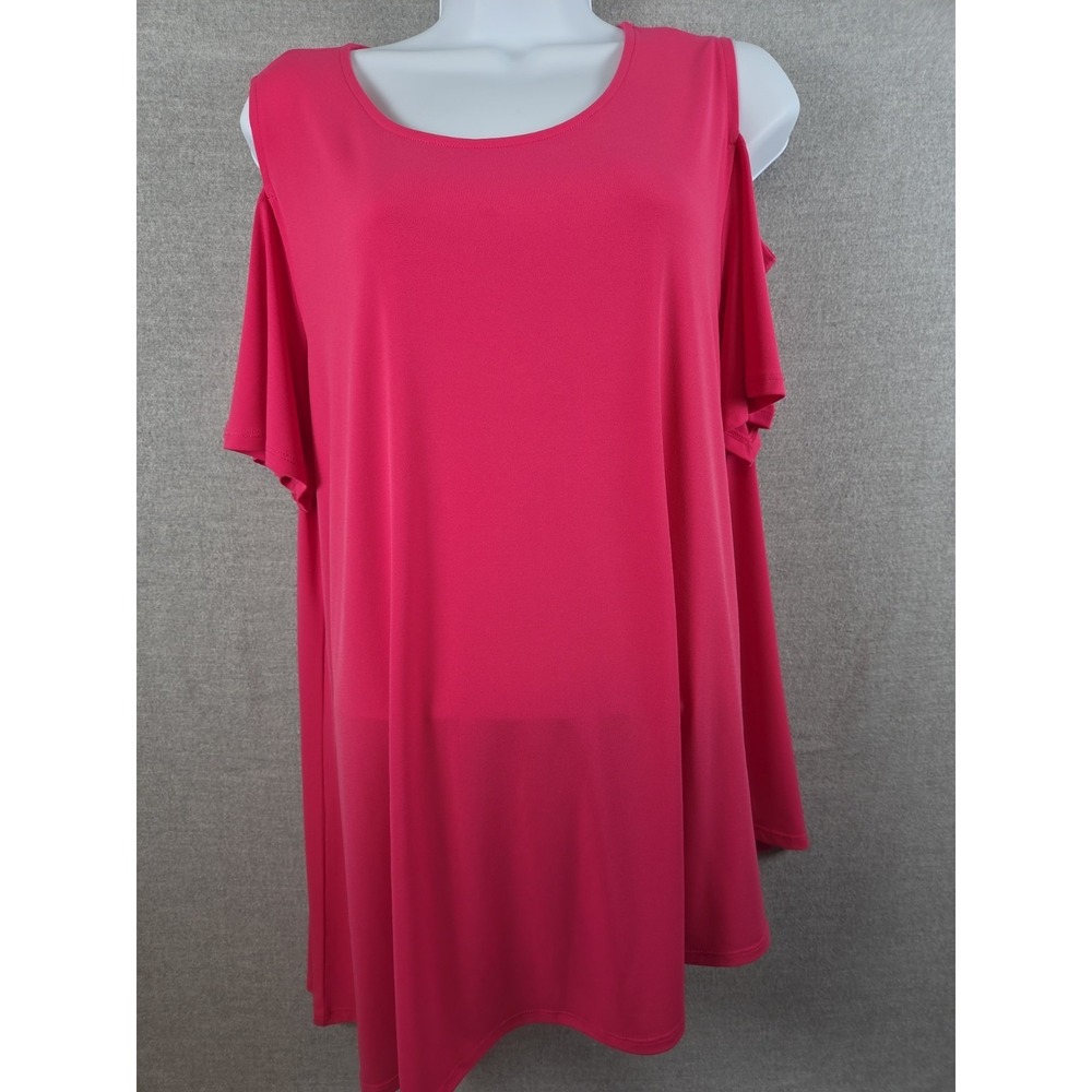 Chicos 2‎ Cold Shoulder Top Womens L Hot Barbie Pink Hi Low Liquid Knit Flowy